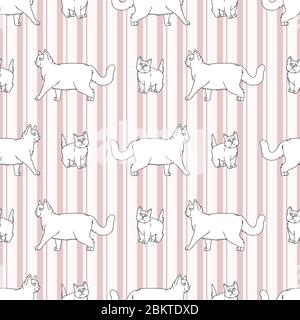 Cute cartoon monochrome British shorthair cat and kitten seamless vector pattern. Pedigree lineart kitty breed domestic kitty background. Cat lover Stock Vector