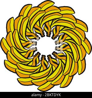 Many bananas arranged in a circle. Seamless round composition with hand drawn fruits. Vector illustration on white background. Stock Vector