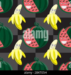 seamless pattern cartoon characters banana watermelon on a checkered dark background. Vector image Stock Vector