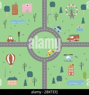 Cartoon cute kids map with car, road, city landscape elements. Cars, building, road of hand drawn, children toy style. Vector illustration. Stock Vector