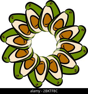 Many avocados arranged in a circle. Seamless round composition with hand drawn fruits. Vector illustration on white background. Stock Vector