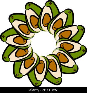 Many avocados arranged in a circle. Seamless round composition with hand drawn fruits. Vector illustration on white background. Stock Vector