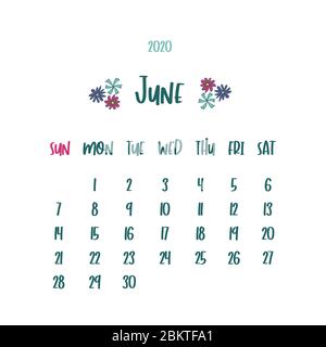Calendar for june month 2020 with flowers. Vector illustration on a white background. First month of summer Stock Vector
