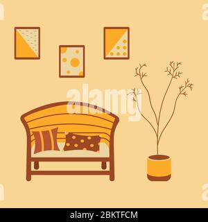 The interior of the room. Comfortable wide chair with soft pillows, 3 abstract paintings hang on the wall, a tall decorative plant in a pot on the flo Stock Vector