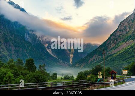 Beautiful idyllic mountain landscape. Gudvangen, a popular tourist village located at the beginning of Naeroyfjord. Stock Photo