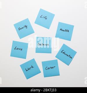 Healthy life in balance concept. Set of life coaching stickers on the wall with career, education, health, love, family, and work caption. Things to r Stock Photo