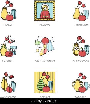 Cultural movements RGB color icons set Stock Vector