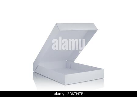 open white blank mock-up pasteboard box isolated on white background. blank carton pizza box Stock Photo
