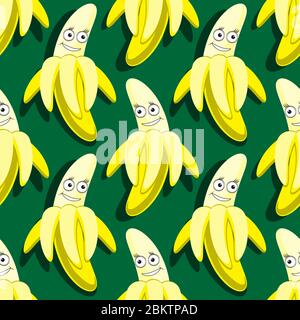 seamless pattern of the cartoon character banana on a green background. Vector image Stock Vector