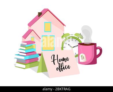 Home Office. remote work. Work from home. Cup of tea, alarm clock, clock, books. The concept of self-isolation and quarantine. Vector illustration on Stock Vector