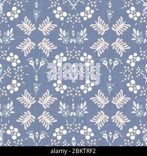 Seamless daisy pattern in french blue linen shabby chic style. Hand drawn floral damask texture. Old white blue background. Interior wallpaper home Stock Vector
