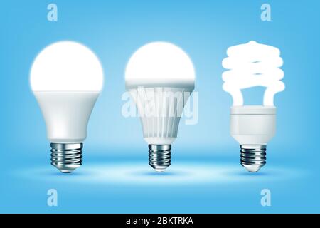 3D glowing CFL and LED light bulbs on blue background, realistic style. Idea, creativity and innovation concept. Responsible energy use and ecology Stock Vector