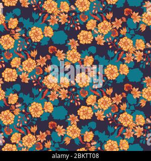 orange flowers bouquets seamless vector pattern on a dark blue background Stock Vector