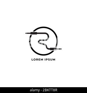 Audio logo design template. Cable jack logo concept forming Letter R Alphabet with ellipse line. Isolated, Audio equipment, sound system, instrument. Stock Vector
