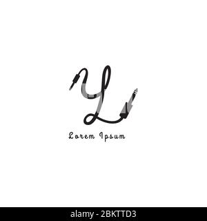 Audio logo design template. Cable jack logo concept forming Letter y lowercase Alphabet. Handwriting, Isolated, Audio equipment, sound system, instrum Stock Vector