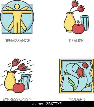 Cultural movements RGB color icons set Stock Vector