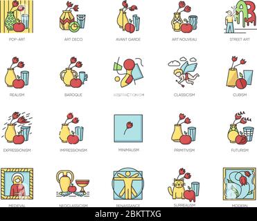 Art movements RGB color icons set Stock Vector