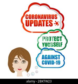 Corona virus Updates. Protect yourself. Woman head and speech bubble. Word Cloud on theme Coronavirus. Coronavirus disease Against COVID-19 Stock Photo