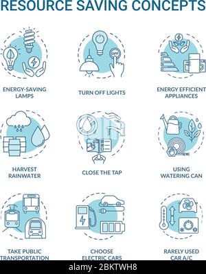 Resource saving turquoise concept icons set Stock Vector
