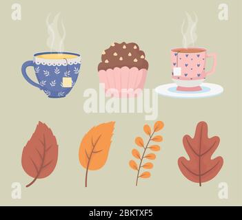 coffee time and tea cups tea bags cupcake dessert and leaves decoraiton vector illustration Stock Vector