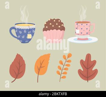 coffee time and tea cups tea bags cupcake dessert and leaves decoraiton vector illustration Stock Vector