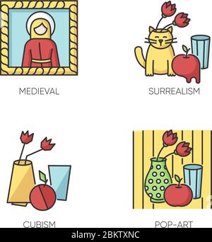Art movements RGB color icons set Stock Vector