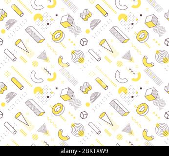 Geometric seamless volumetric shapes memphis style pattern. Geometry elements contour black, white and yellow backdrop. Geometrical drawing icons Stock Vector