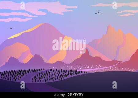 Dawn in the mountains, pink tones. Stock Vector