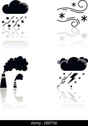 Bad weather forecast drop shadow black glyph icons set Stock Vector