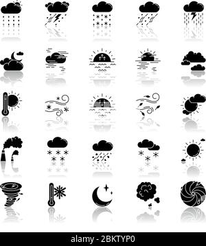 Weather drop shadow black glyph icons set Stock Vector