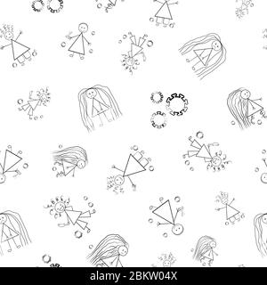 Bad hair Covid 19 quarantine vector seamless pattern. Humorous backdrop of childlike scribble drawings of girls with messy styles and coronavirus Stock Vector