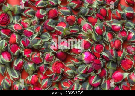 Dried tea rose, dessert rose-buds in a ceramic cup. Selective focus. vintage style. Chinese rose tea. Dried rose bud, which are used for making tea. Stock Photo