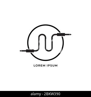 Cable jack logo concept forming Letter N Alphabet with ellipse line. Audio logo design template. Isolated, Audio equipment, sound system, instrument. Stock Vector