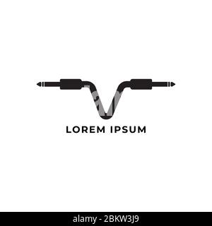 Cable jack logo concept forming Letter V Alphabet with ellipse shape behind. Audio logo design template. Isolated, Audio equipment, sound system, inst Stock Vector