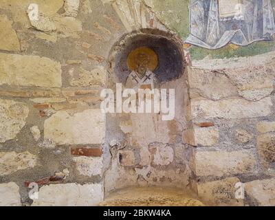 Colorful frescoes in the Church of St. Nicholas the Wonderworker. Ancient Byzantine Greek Church of Saint Nicholas located in the modern town of Demre Stock Photo