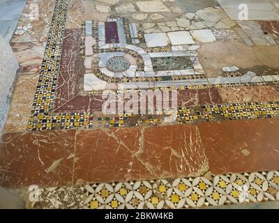 Colorful mosaics on the floor in the Church of St. Nicholas the Wonderworker. Ancient Byzantine Greek Church of Saint Nicholas located in the modern t Stock Photo