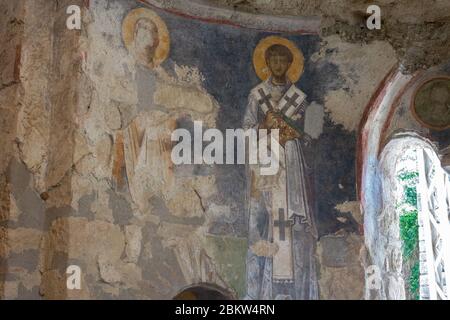Colorful frescoes in the Church of St. Nicholas the Wonderworker. Ancient Byzantine Greek Church of Saint Nicholas located in the modern town of Demre Stock Photo