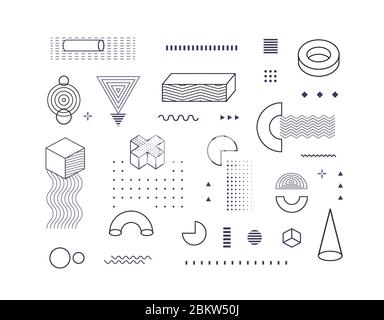 Geometrical shapes black and white outline pattern. Geometry elements memphis background. Geometric volumetric shapes wallpaper texture. Stock Vector