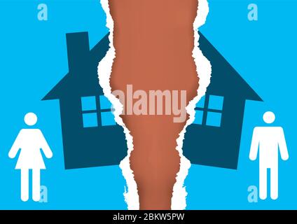 Division of property at divorce,torn paper concept. A divorced couple ripping paper with the symbol of the house. Vector available. Stock Vector