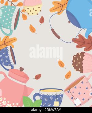 coffee time and tea, kettles and cups sweet cupcake and leaves decoration poster vector illustration Stock Vector