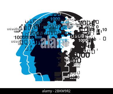 Programmer, computer expert, hacker silhouettes. Illustration of three stylized male heads with binary codes and gear. Vector available. Stock Vector