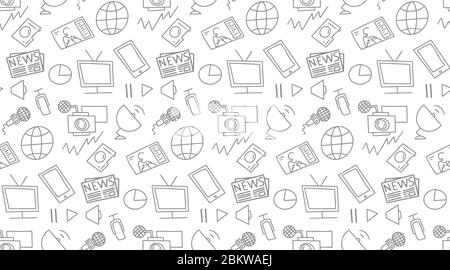 the news sketch vector seamless doodle pattern gray icons on a white background Stock Vector