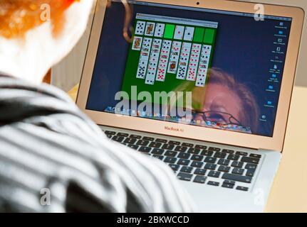 Playing Solitaire on Laptop in Coronavirus Lockdown Stock Photo