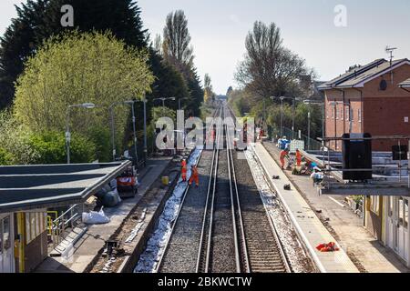 Railway platform works at Leasowe station in preparation for new train design on Merseyrail network, Moreton, Wirral. Stock Photo