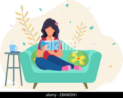 Girl reading a book, happy woman, creative people, education, working at home, lifestyle, background Stock Vector