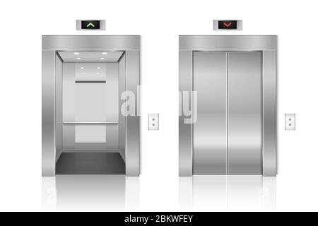 Vector 3d Realistic Blank Empty Opened and Closed Steel, Chrome, Silver Metal Office Building Lift Elevator Doors with Buttons on White Background Stock Vector