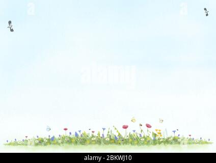 abstract illustration, hand drawn and painted view of meadow with wild flowers, birds and butterfly, mixed art on textured background Stock Photo