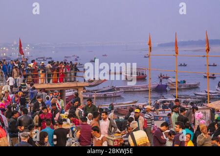 Ganga Aarti ceremony, Dashashwamedh Ghat, Varanasi, Uttar Pradesh, India Stock Photo