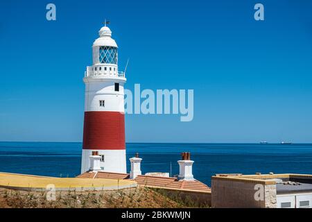 0971 Lighhouse at Europa Point near the Rock of Gibraltar on a beautiful clear day. Stock Photo