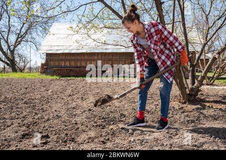 Young woman farmer digging in the garden. Spring gardening. Preparing soil for planting. Stock Photo